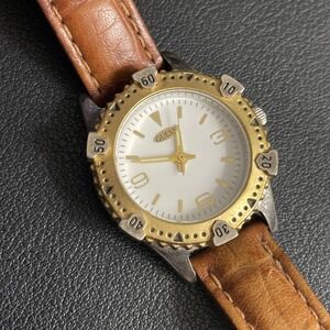 Vintage GUESS Watch 1994 Leather Band White Dial Silver Gold Tone Japan WORKS